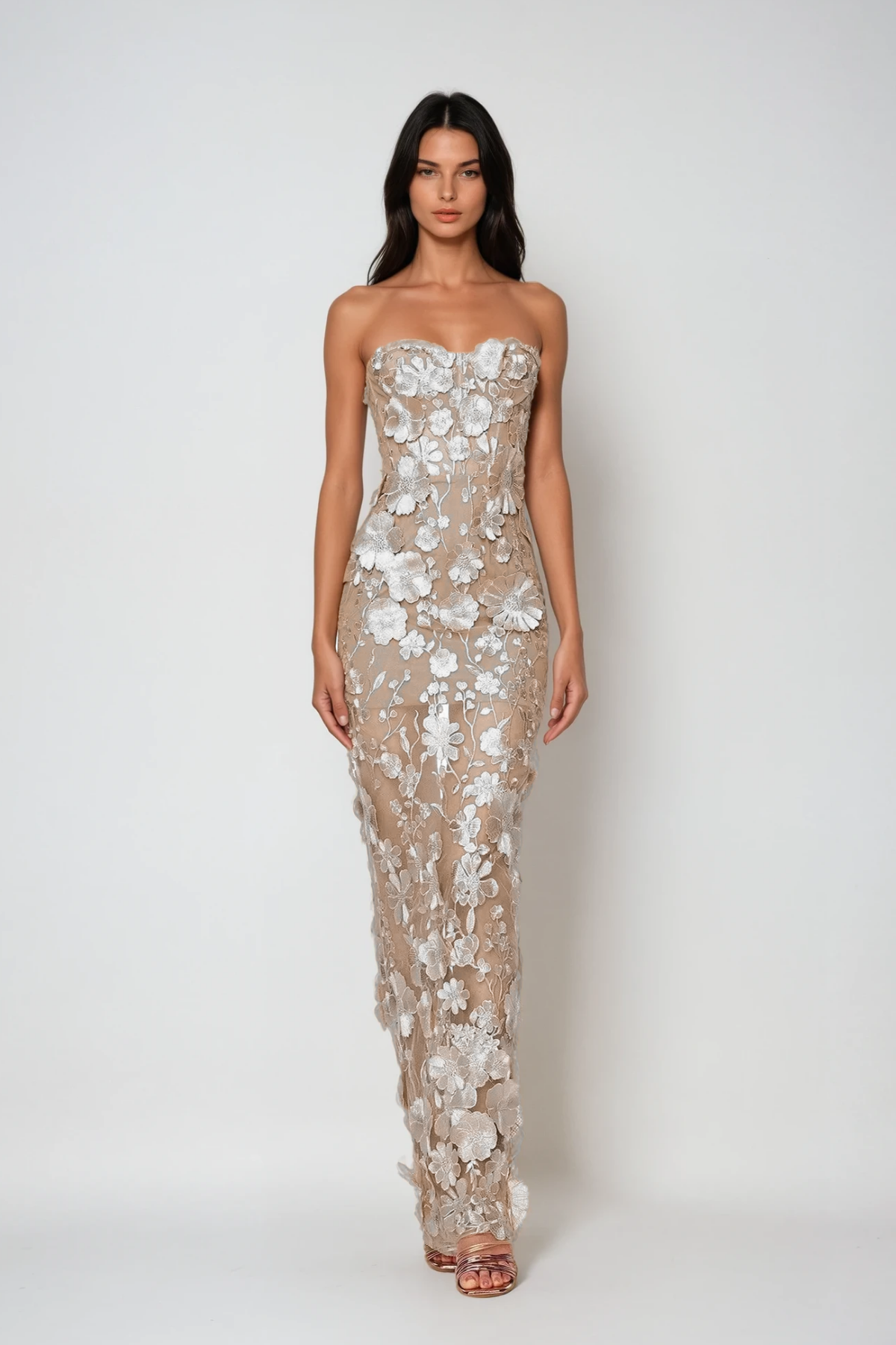 Denica Strapless Flower Maxi Dress In White