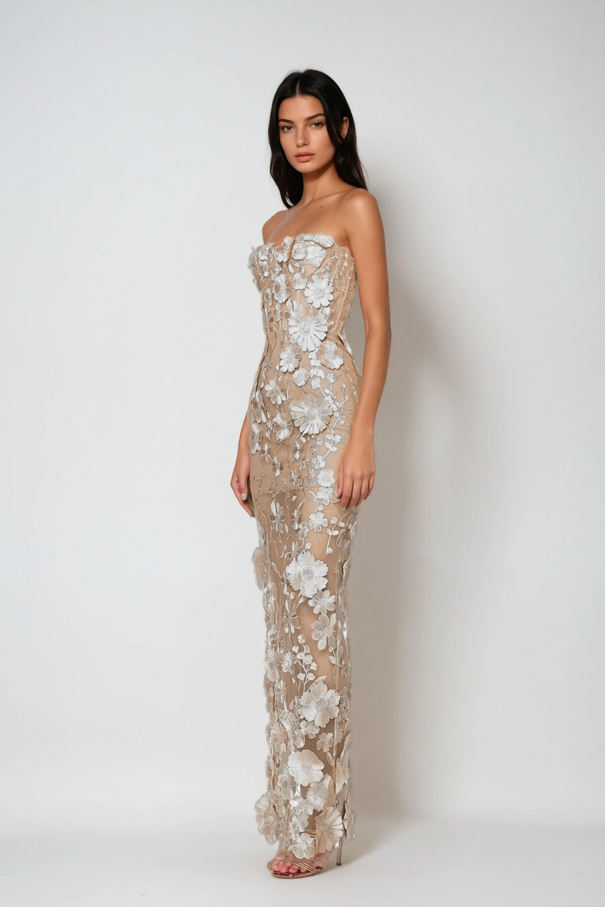 Denica Strapless Flower Maxi Dress In White