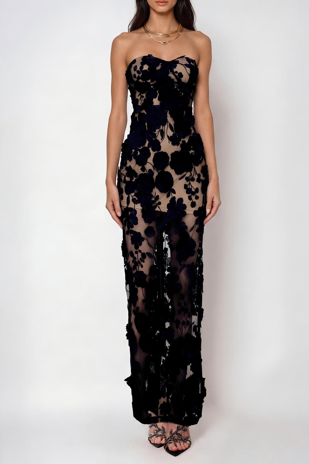 Denica Strapless Flower Maxi Dress In Black