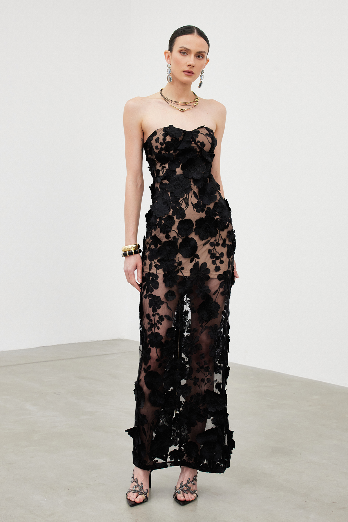 Denica Strapless Flower Maxi Dress In Black