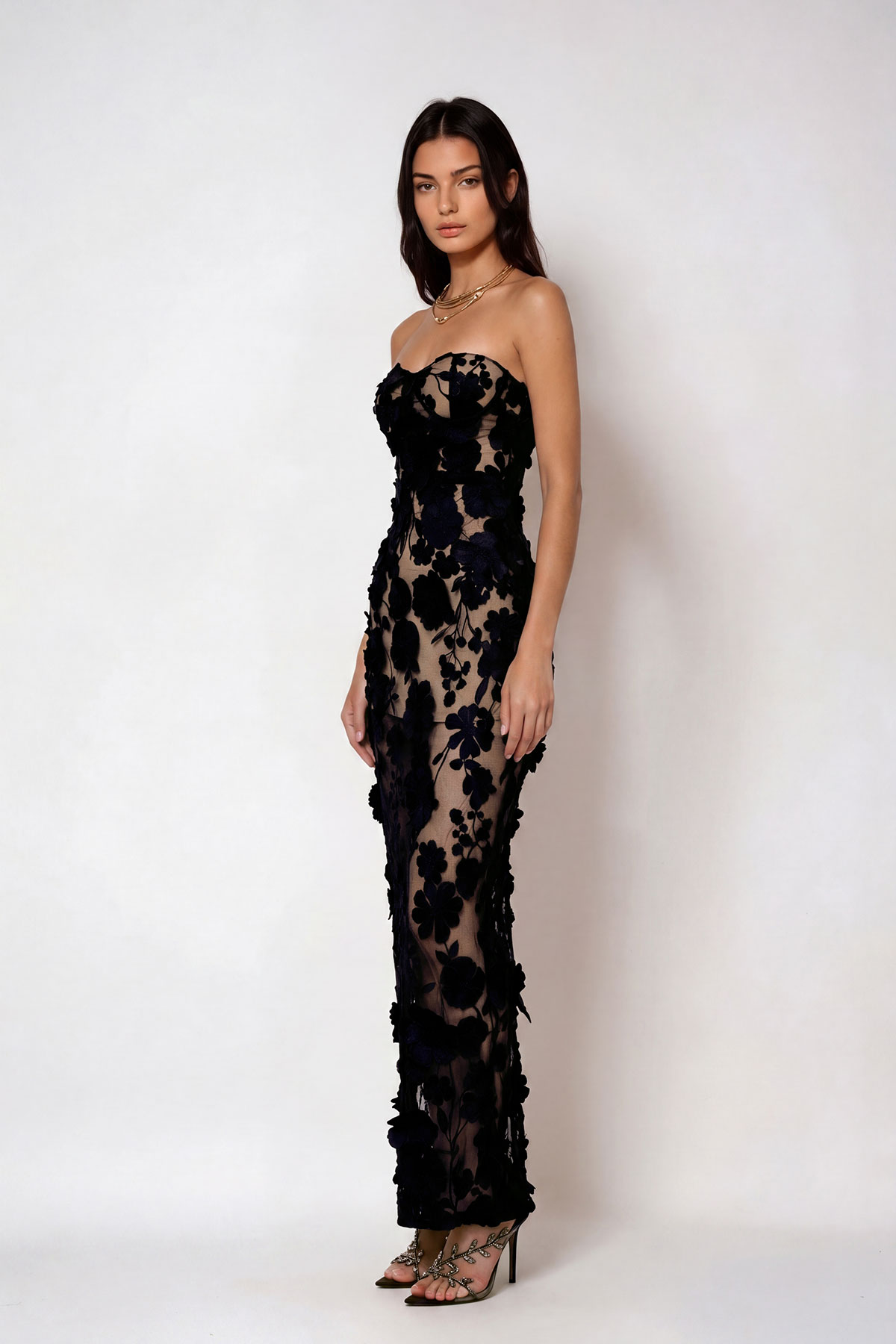 Denica Strapless Flower Maxi Dress In Black