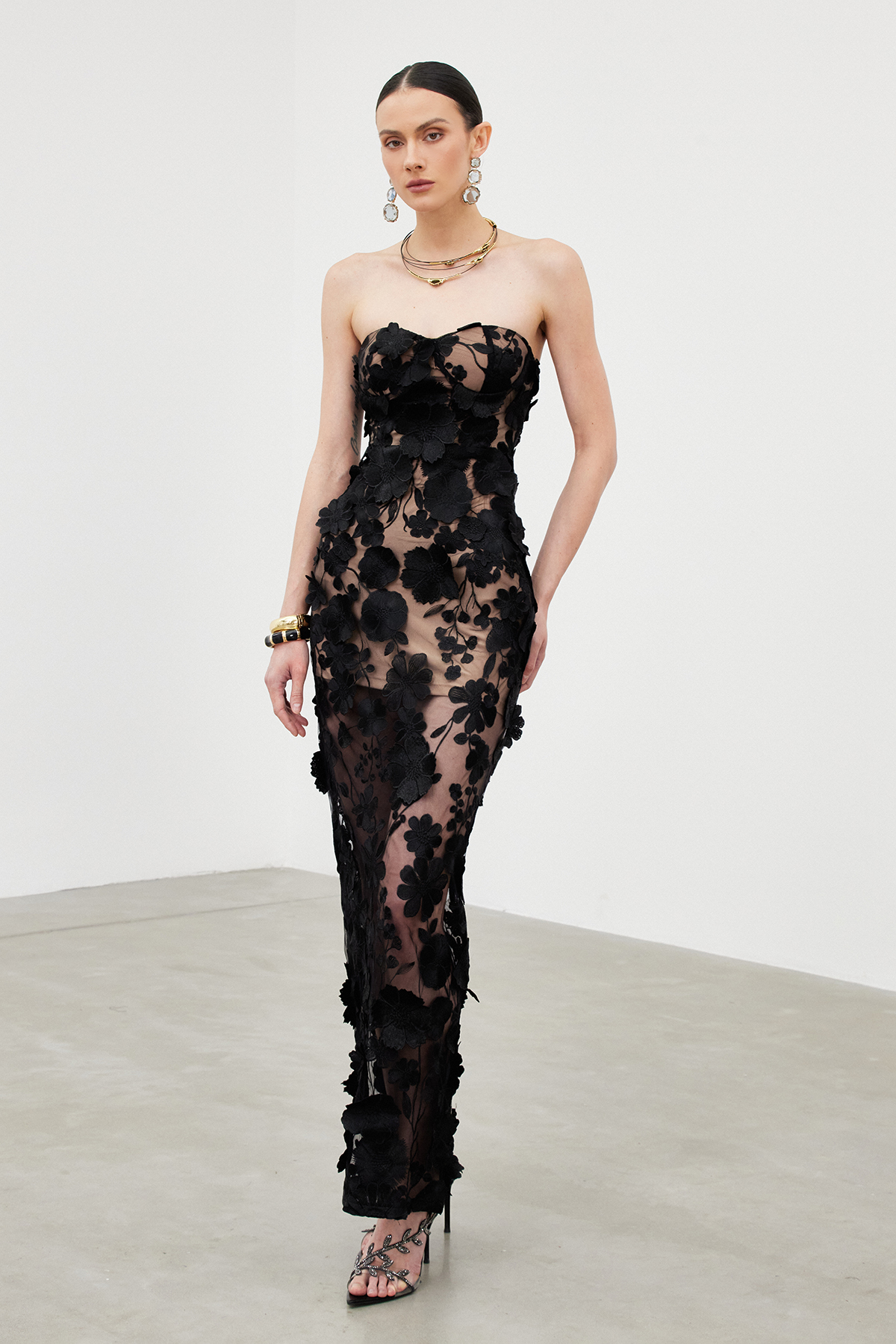 Denica Strapless Flower Maxi Dress In Black
