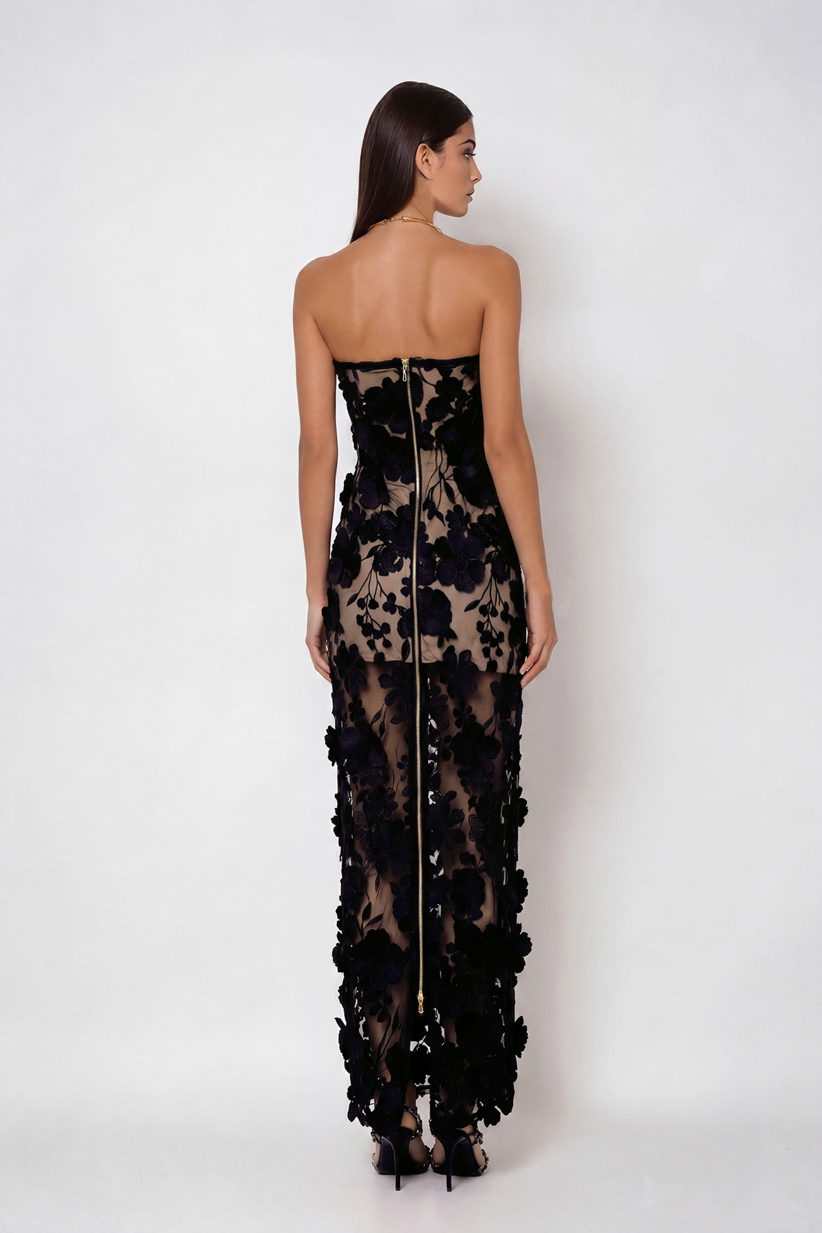 Denica Strapless Flower Maxi Dress In Black