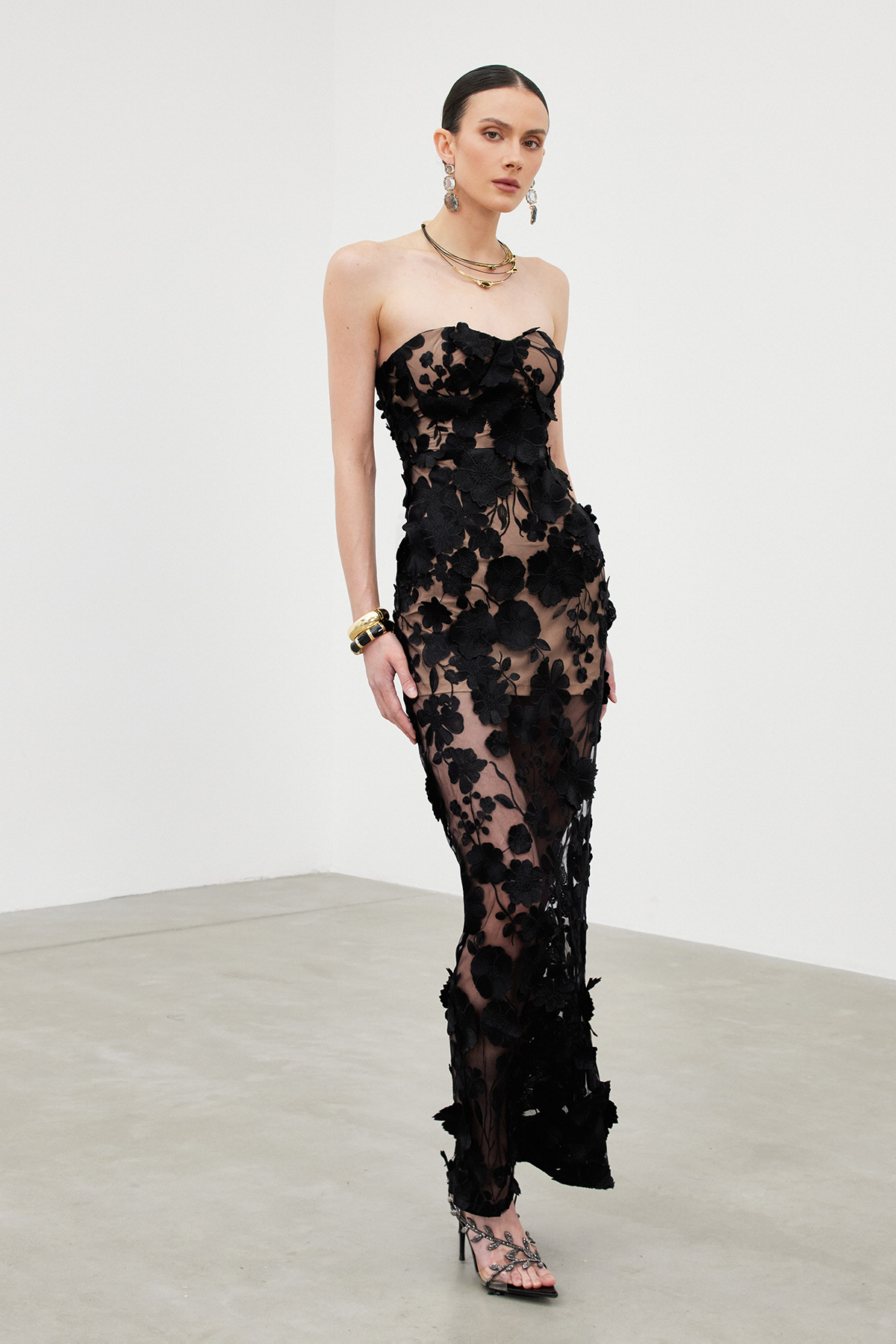 Denica Strapless Flower Maxi Dress In Black