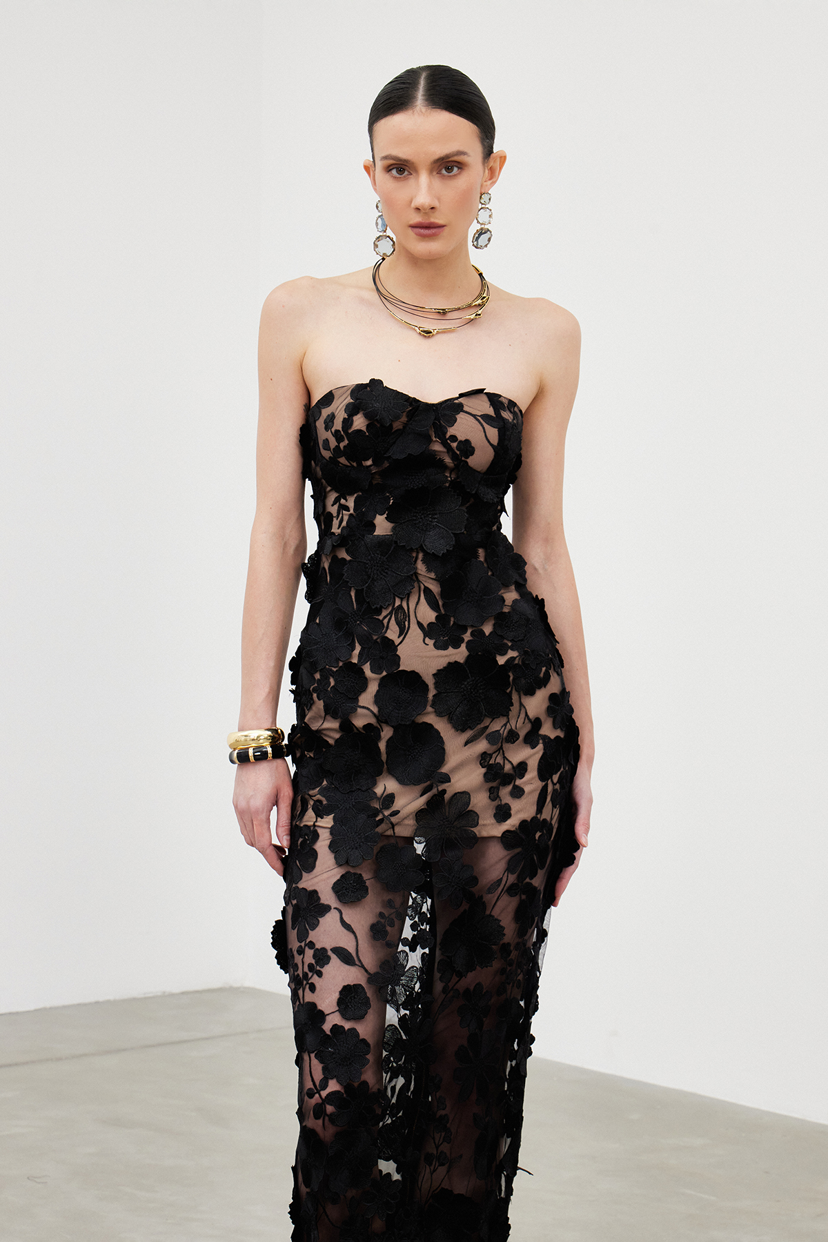 Denica Strapless Flower Maxi Dress In Black
