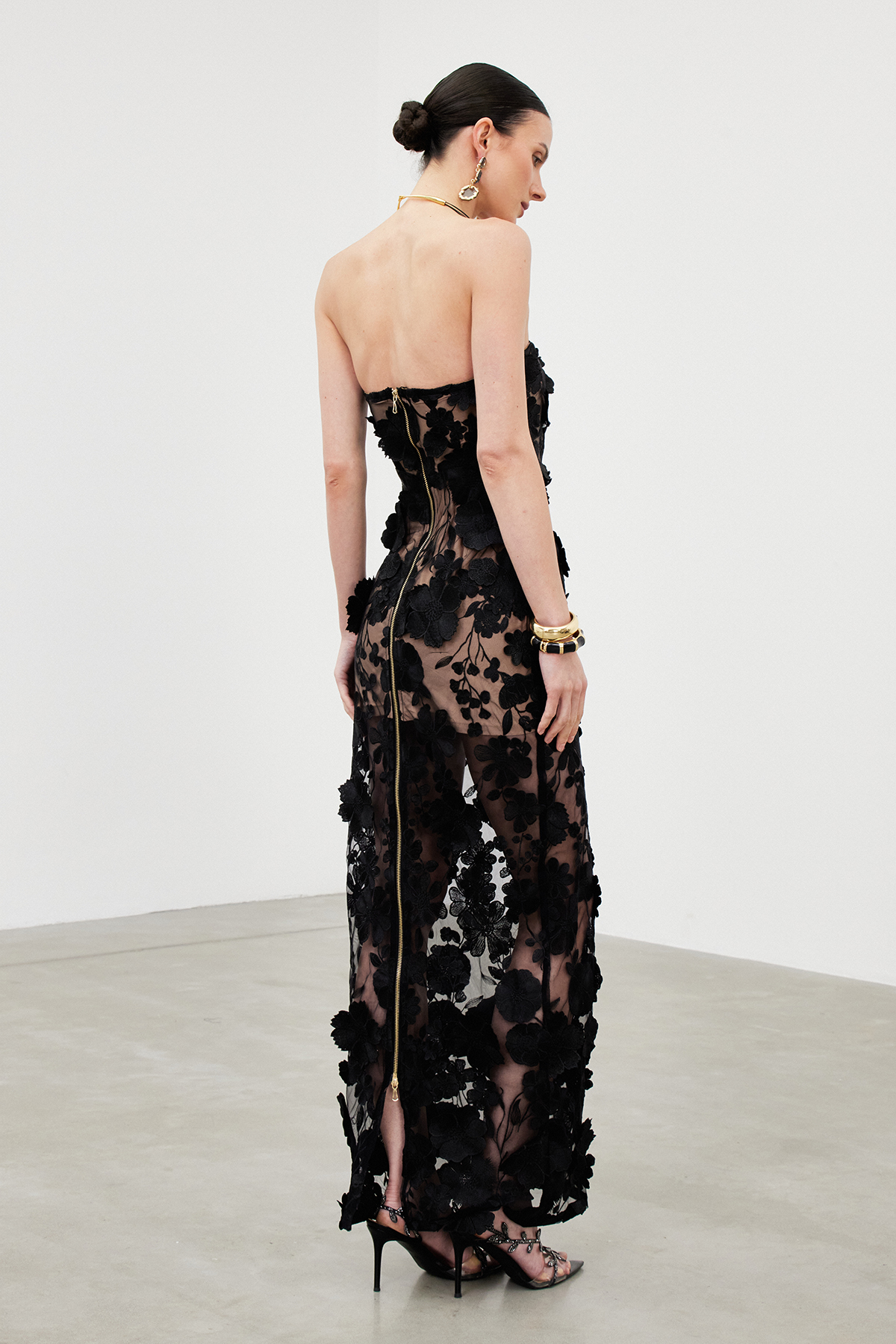 Denica Strapless Flower Maxi Dress In Black