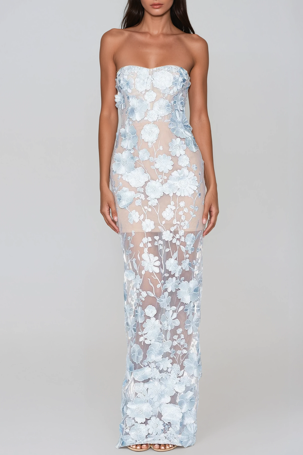 Denica Strapless Flower Maxi Dress In Blue