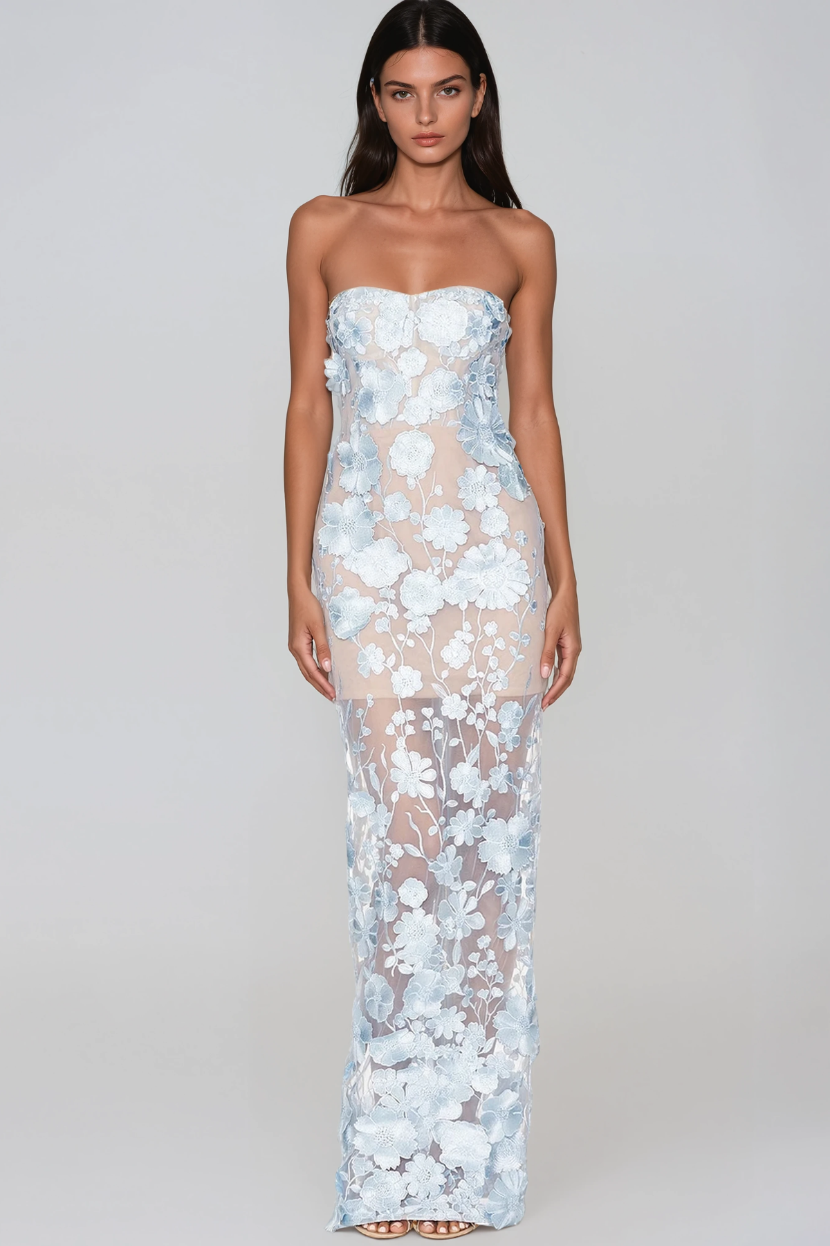 Denica Strapless Flower Maxi Dress In Blue