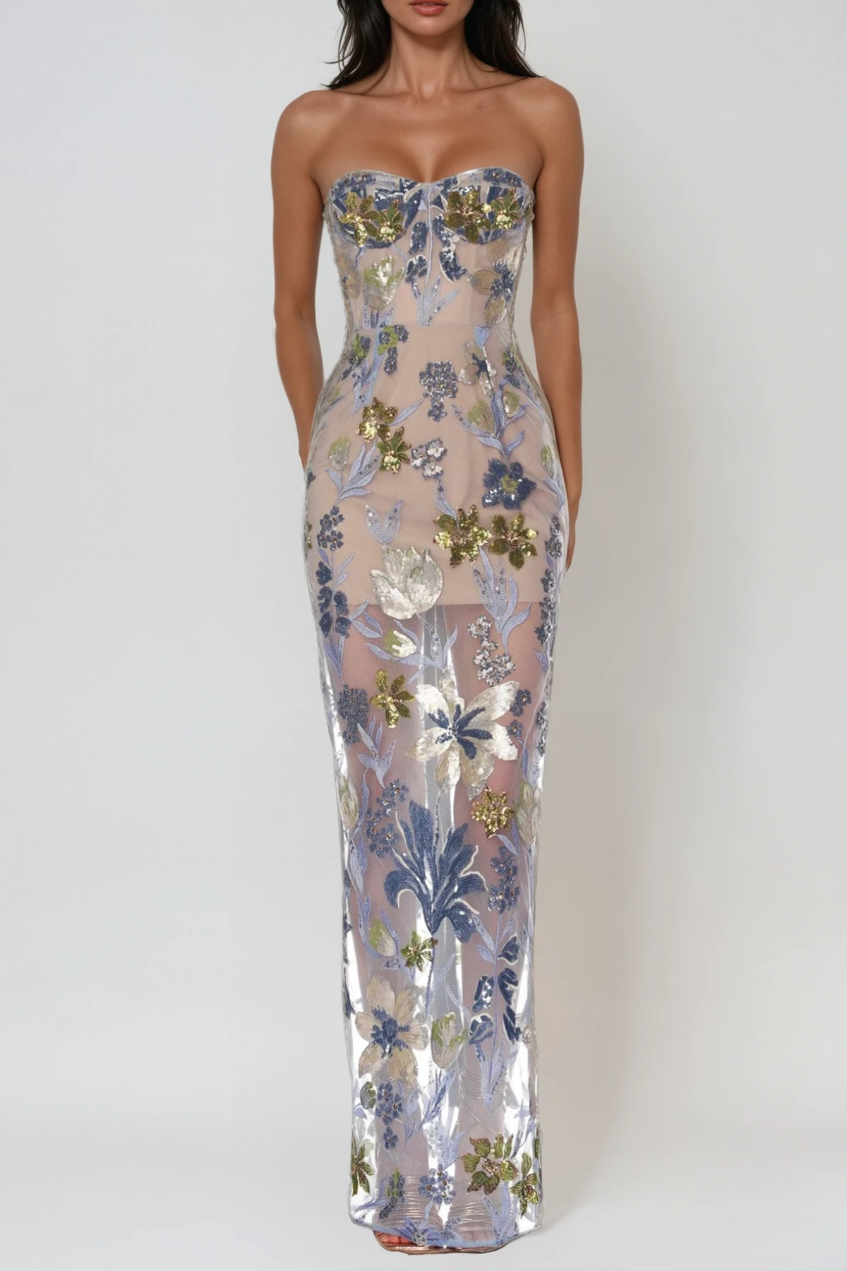 Denica Strapless Sequin Floral Maxi Dress