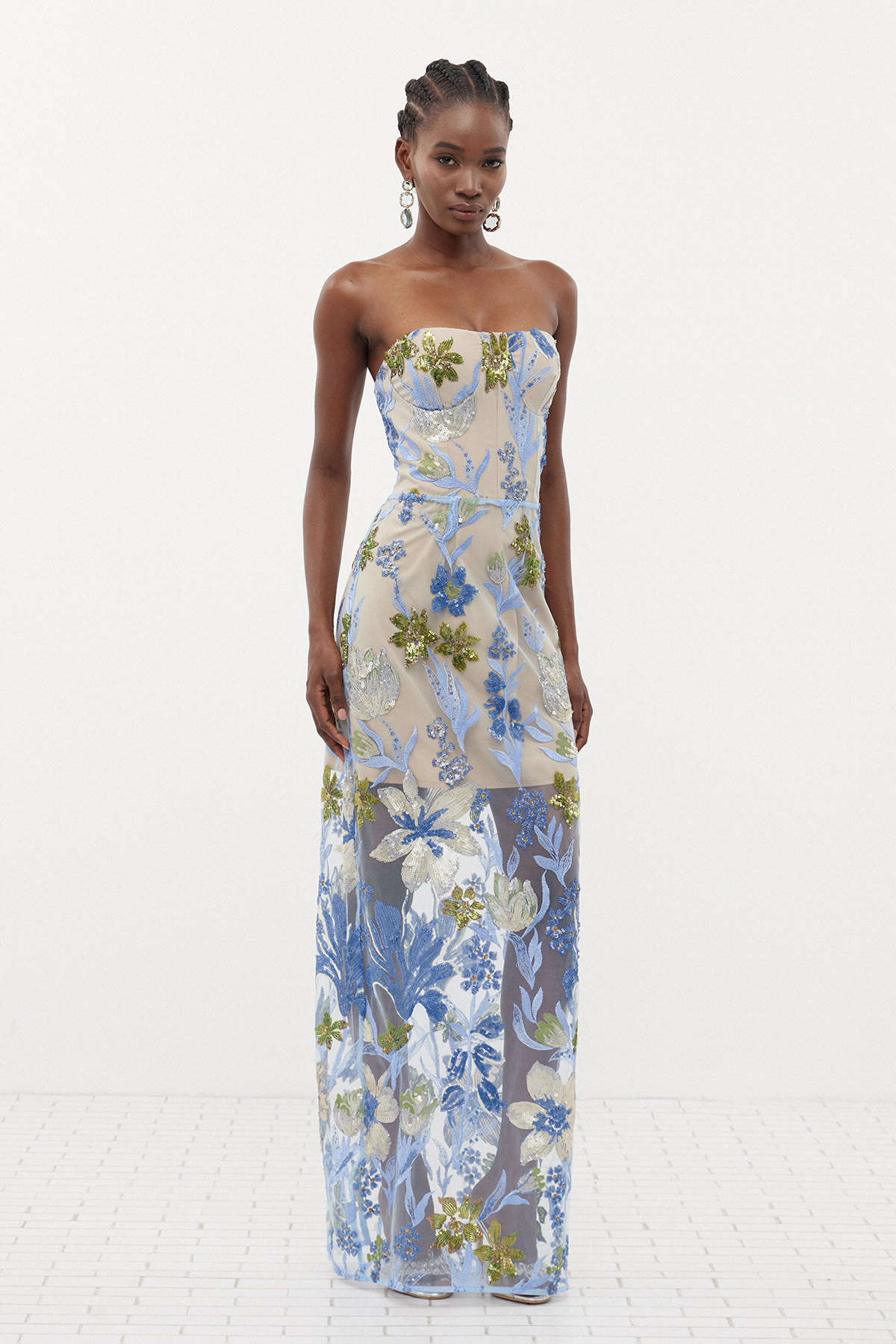 Denica Strapless Sequin Floral Maxi Dress