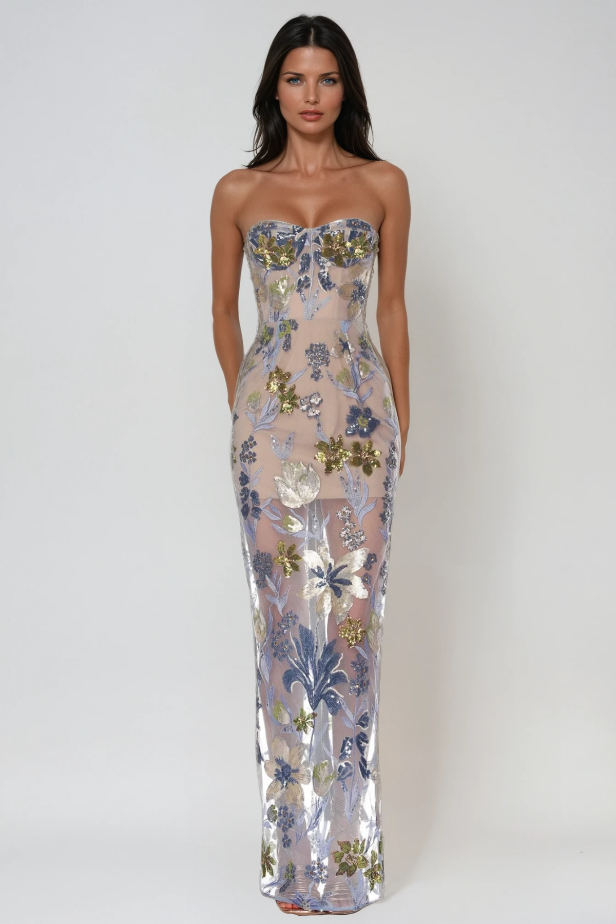 Denica Strapless Sequin Floral Maxi Dress