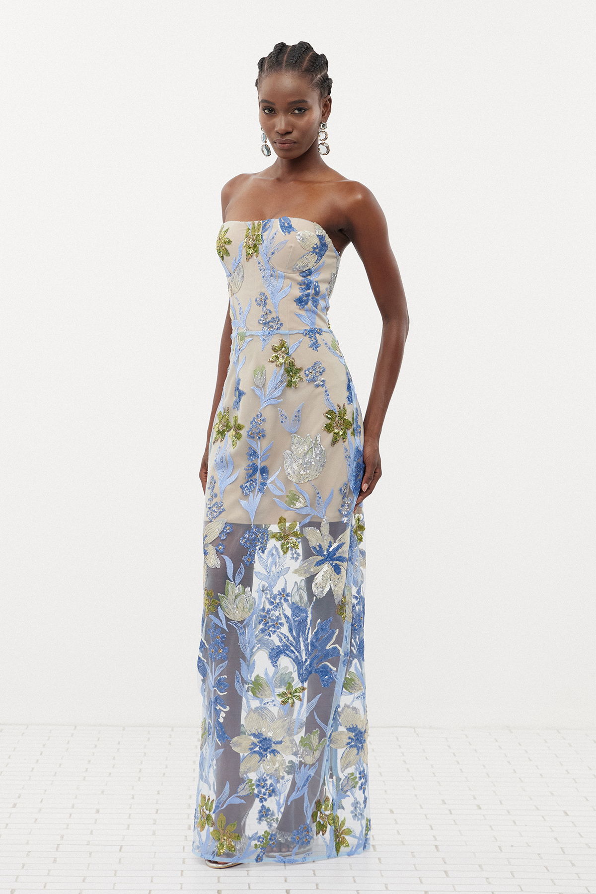 Denica Strapless Sequin Floral Maxi Dress