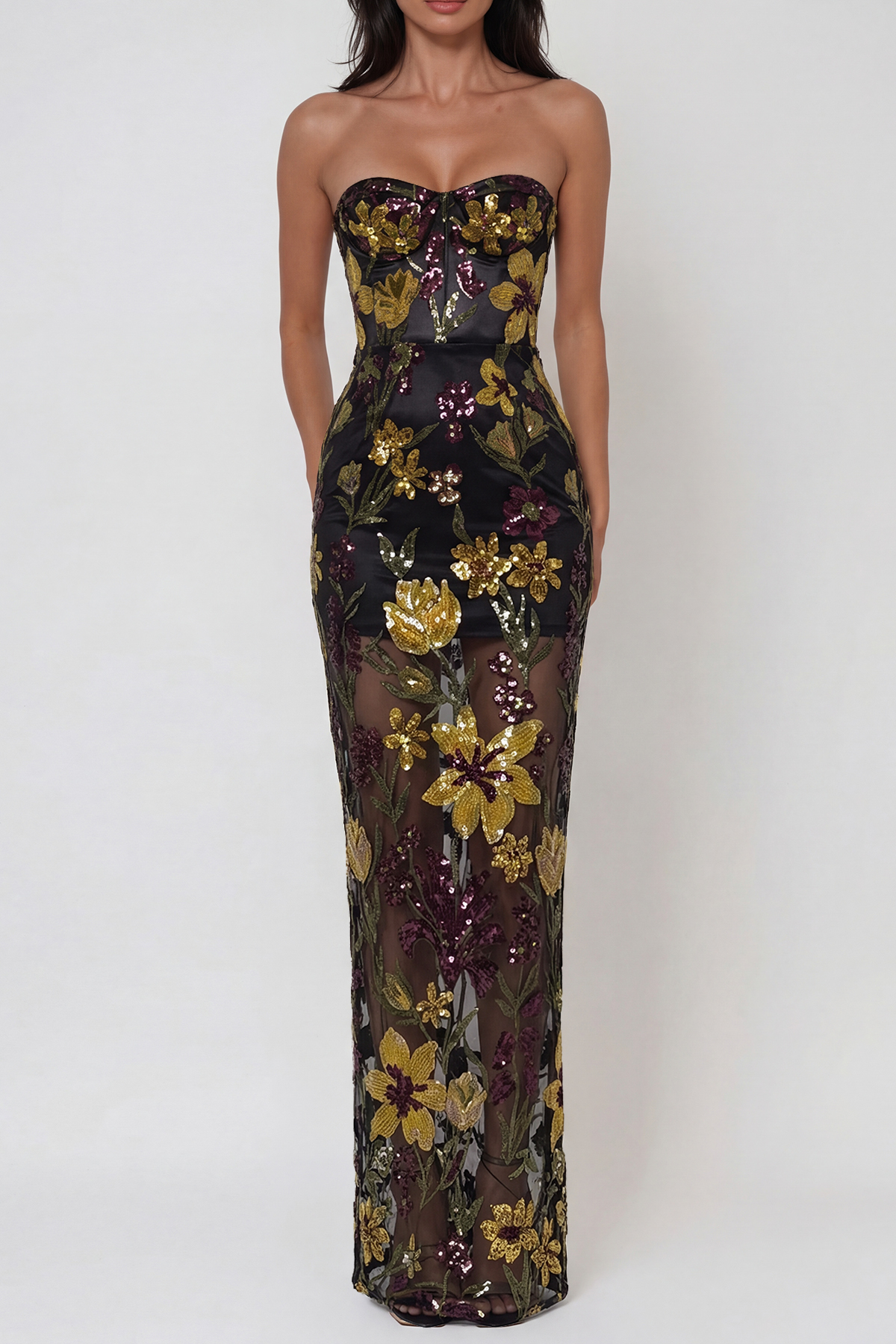Denica Strapless Sequin Floral Maxi Dress In Black