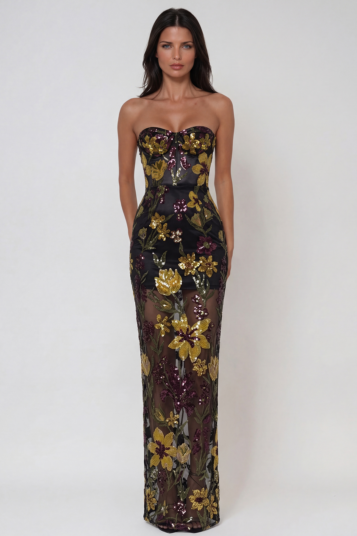 Denica Strapless Sequin Floral Maxi Dress In Black