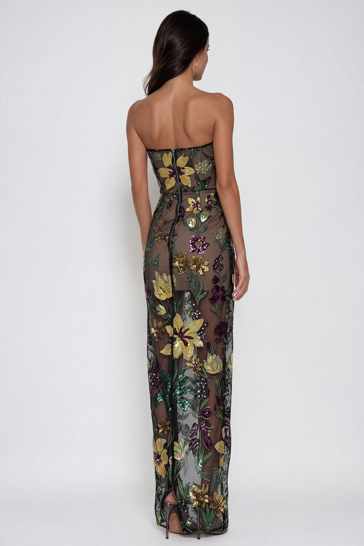 Denica Strapless Sequin Floral Maxi Dress In Black
