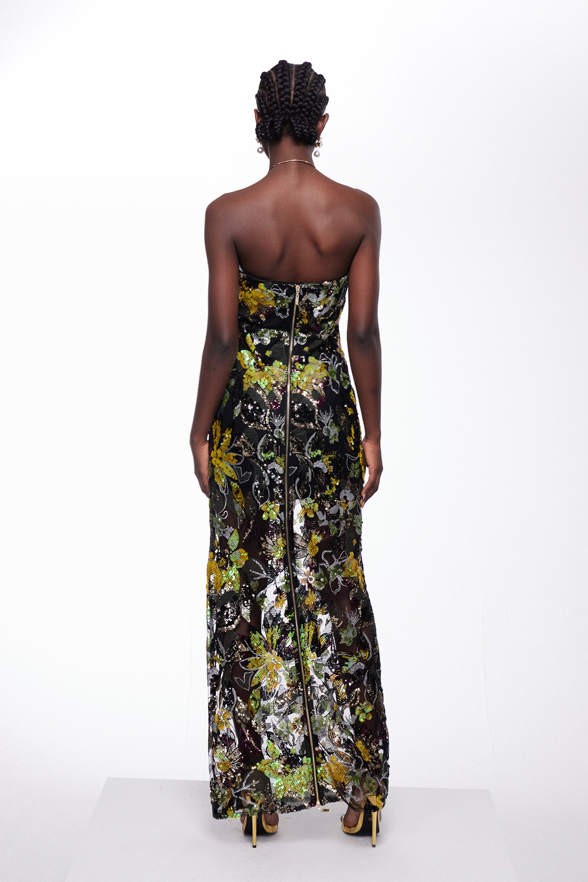 Denica Strapless Sequin Floral Maxi Dress In Black