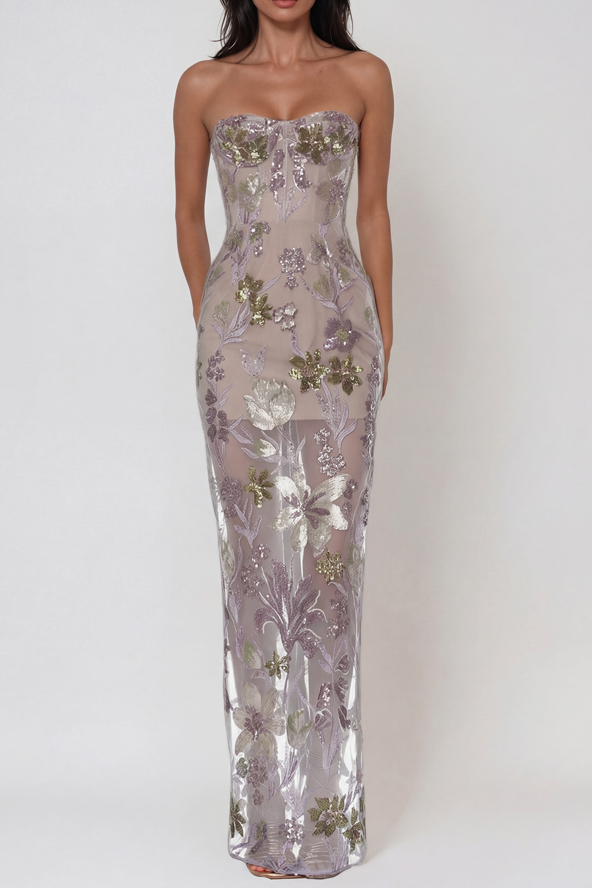 Denica Strapless Sequin Floral Maxi Dress In Pink