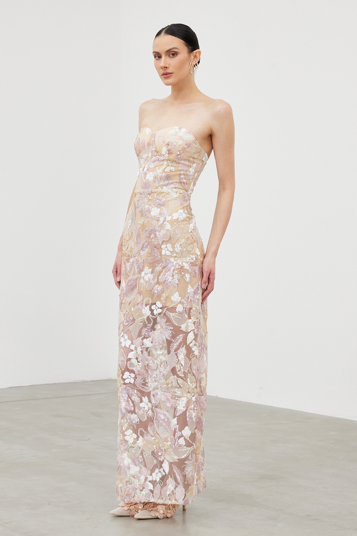 Denica Strapless Sequin Floral Maxi Dress In Pink