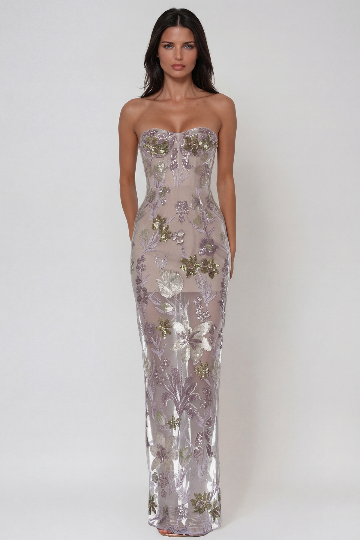 Denica Strapless Sequin Floral Maxi Dress In Pink