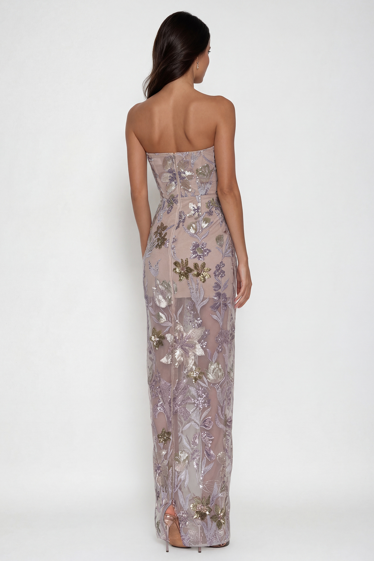 Denica Strapless Sequin Floral Maxi Dress In Pink