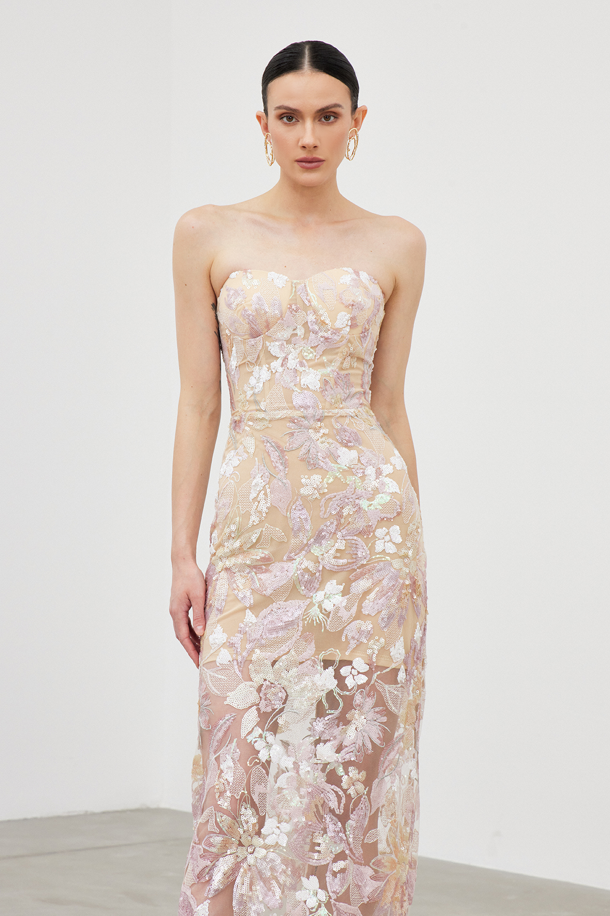 Denica Strapless Sequin Floral Maxi Dress In Pink