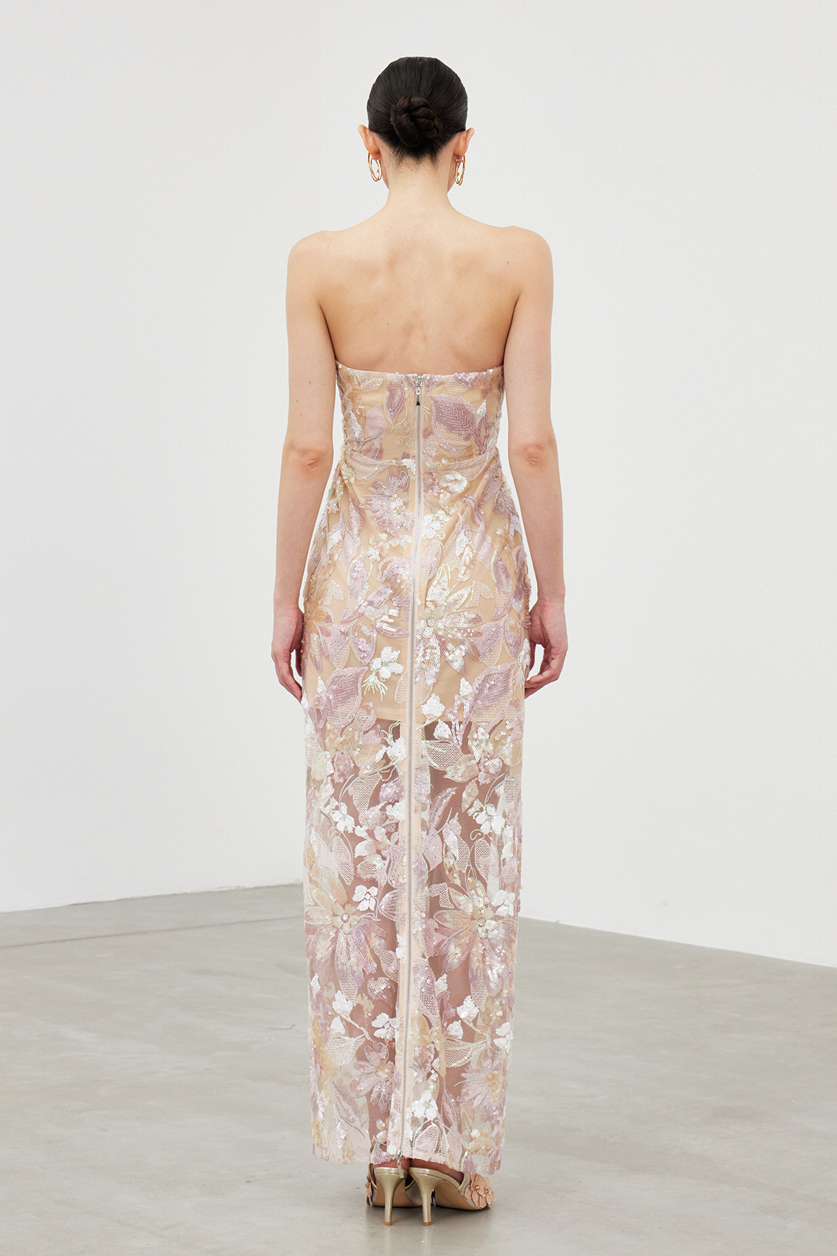 Denica Strapless Sequin Floral Maxi Dress In Pink
