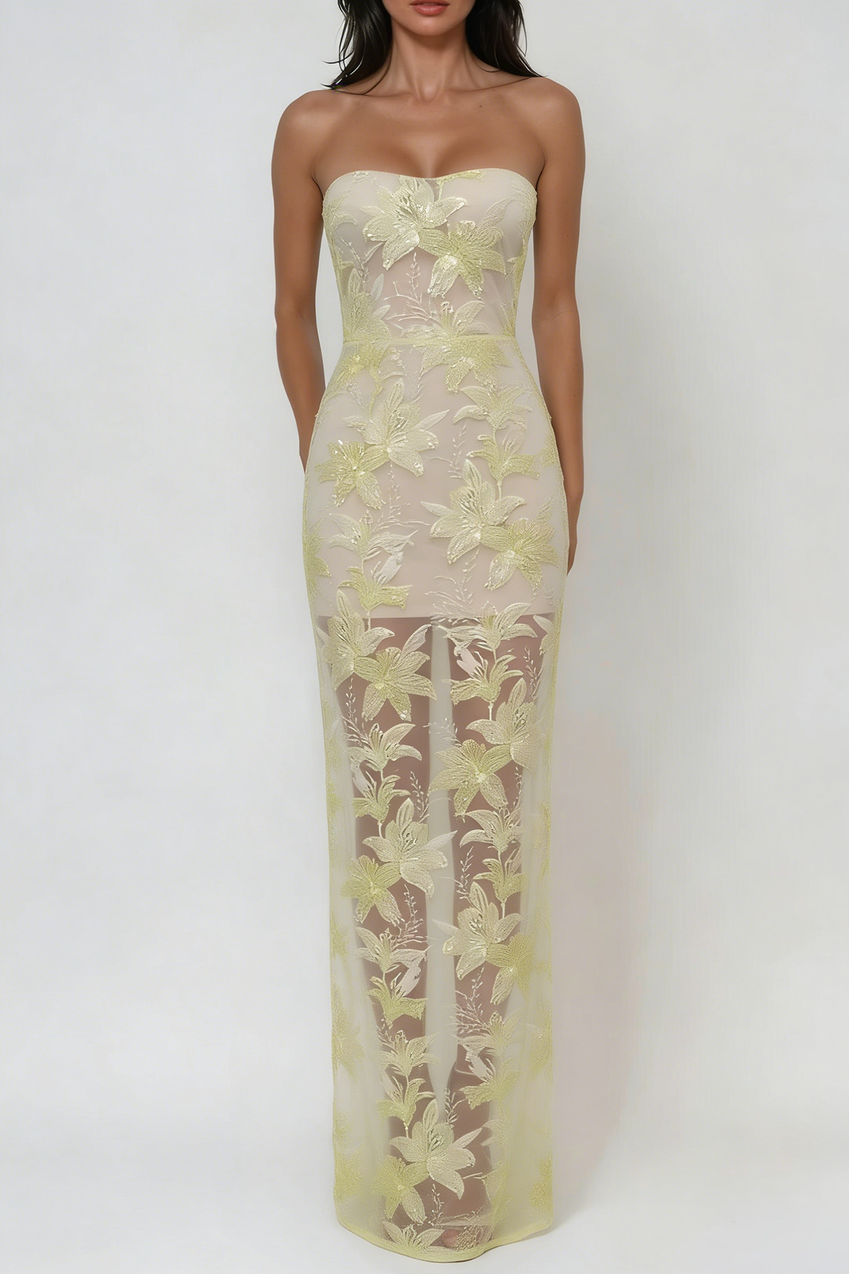 Denica Strapless Sequin Floral Maxi Dress In Yellow