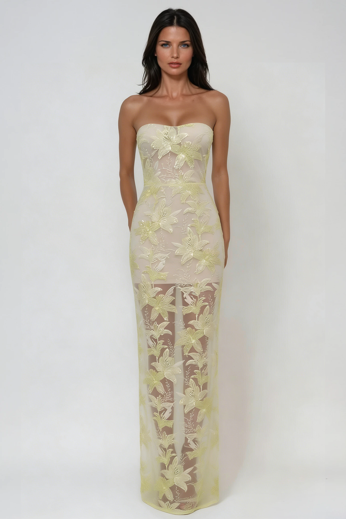 Denica Strapless Sequin Floral Maxi Dress In Yellow