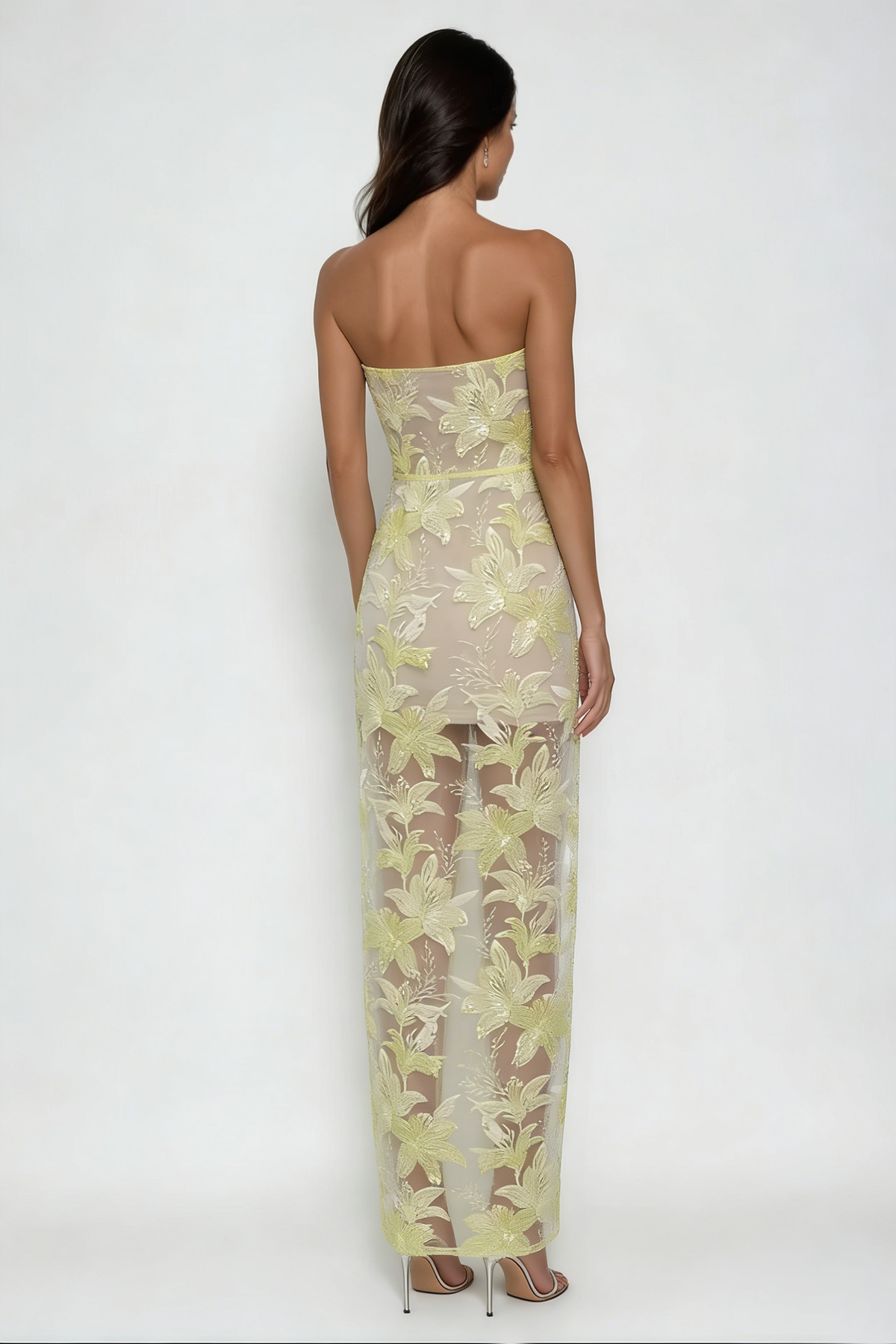 Denica Strapless Sequin Floral Maxi Dress In Yellow