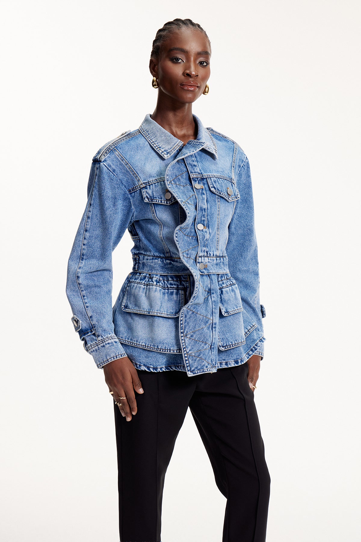Deniz Asymmetric Ruffle Denim Jacket