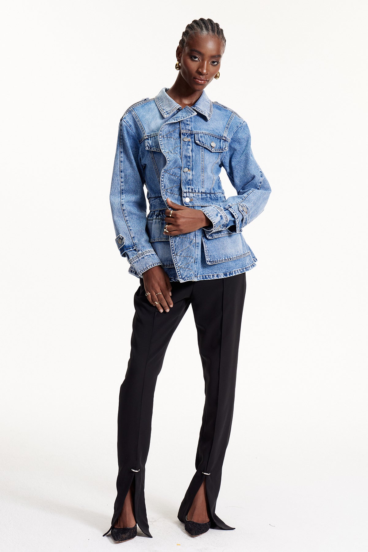 Deniz Asymmetric Ruffle Denim Jacket
