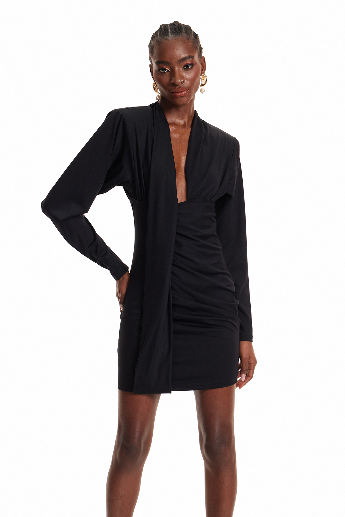 Dermid Long Sleeve Plunge Ruch Mini Dress