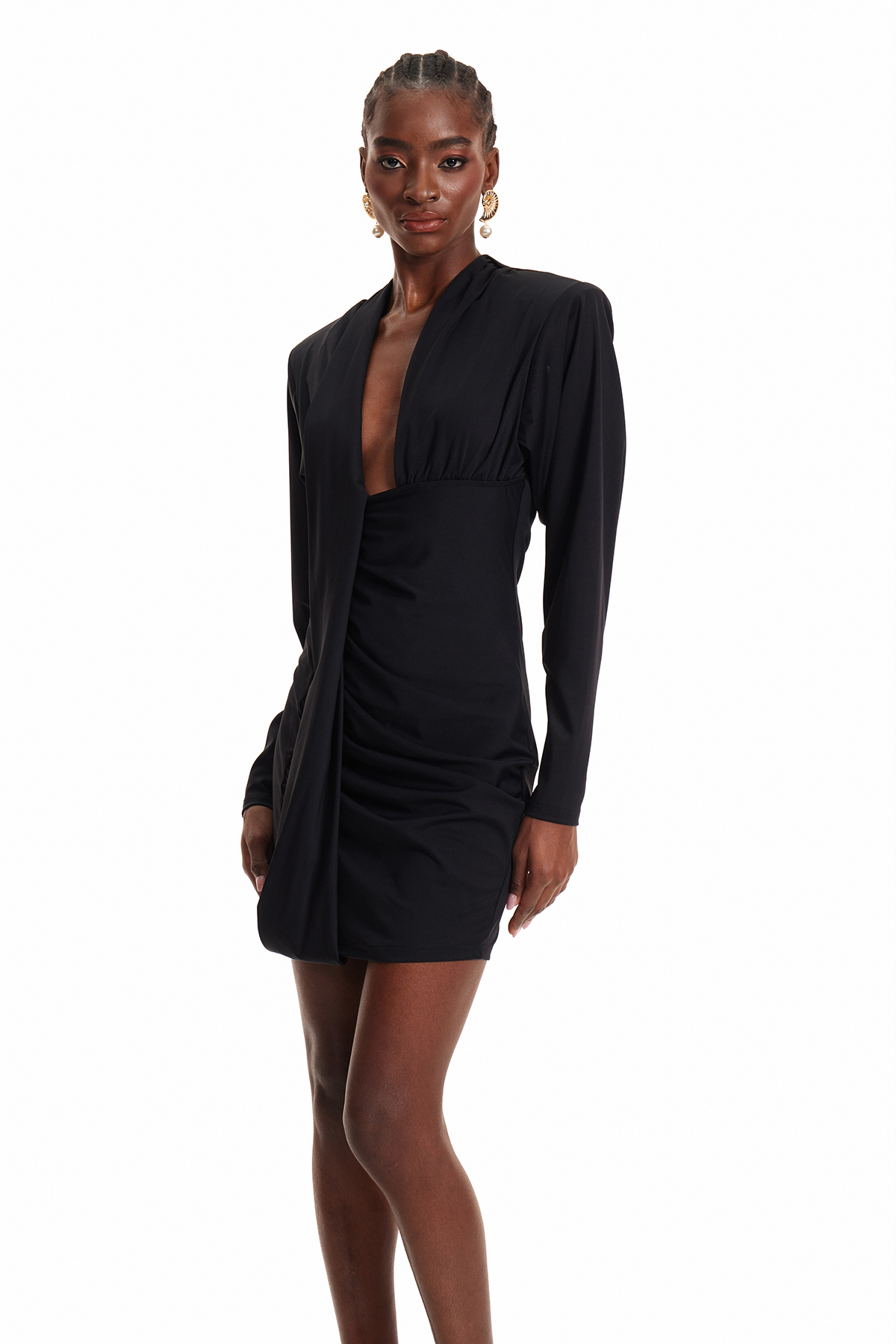Dermid Long Sleeve Plunge Ruch Mini Dress