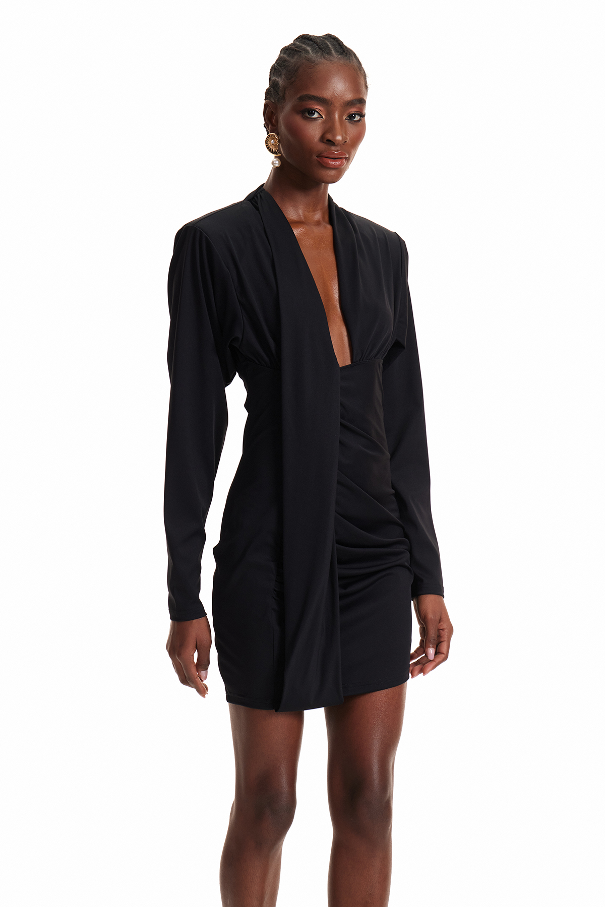 Dermid Long Sleeve Plunge Ruch Mini Dress