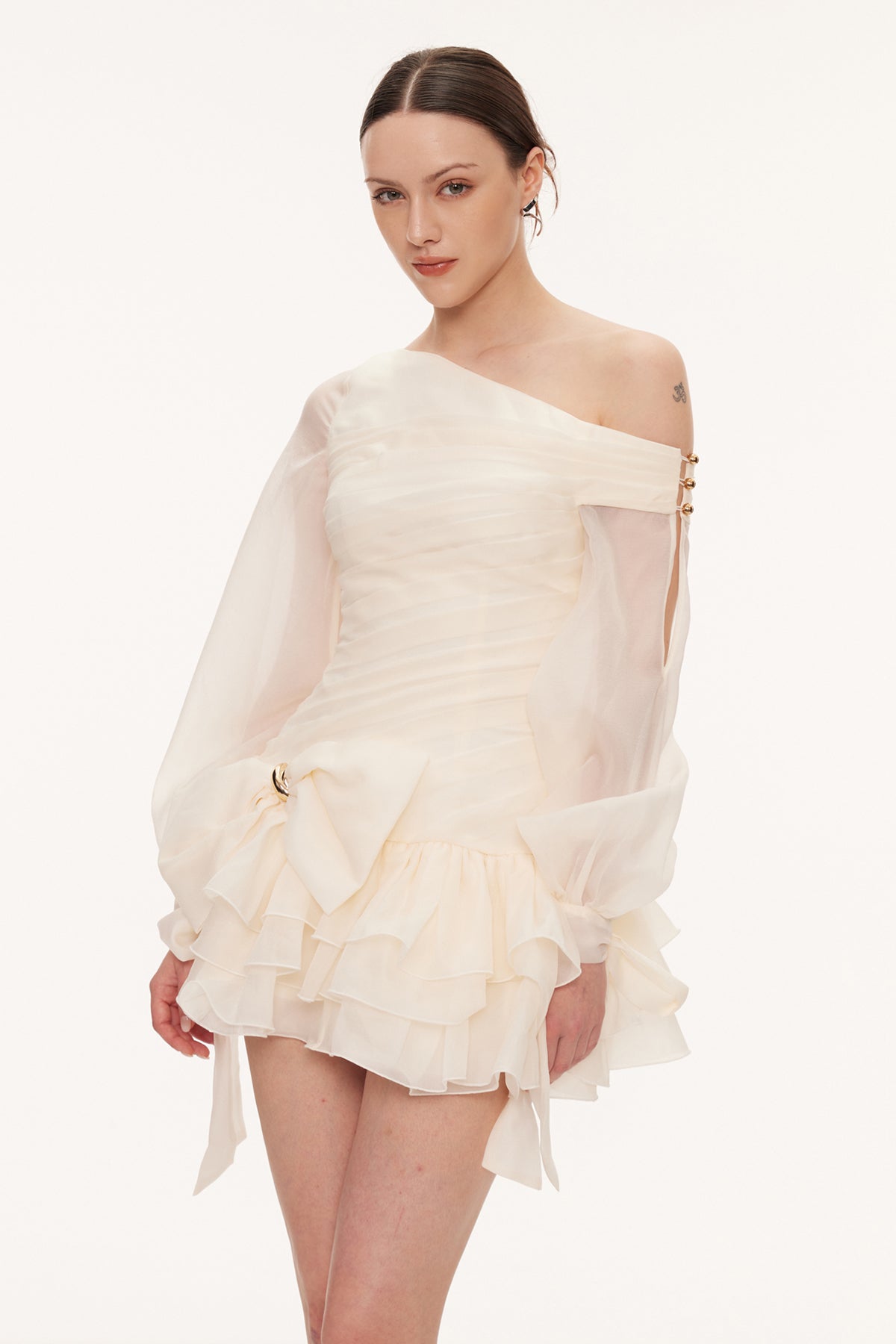 Deshaun Bow Asymmetric Puffy Mini Dress