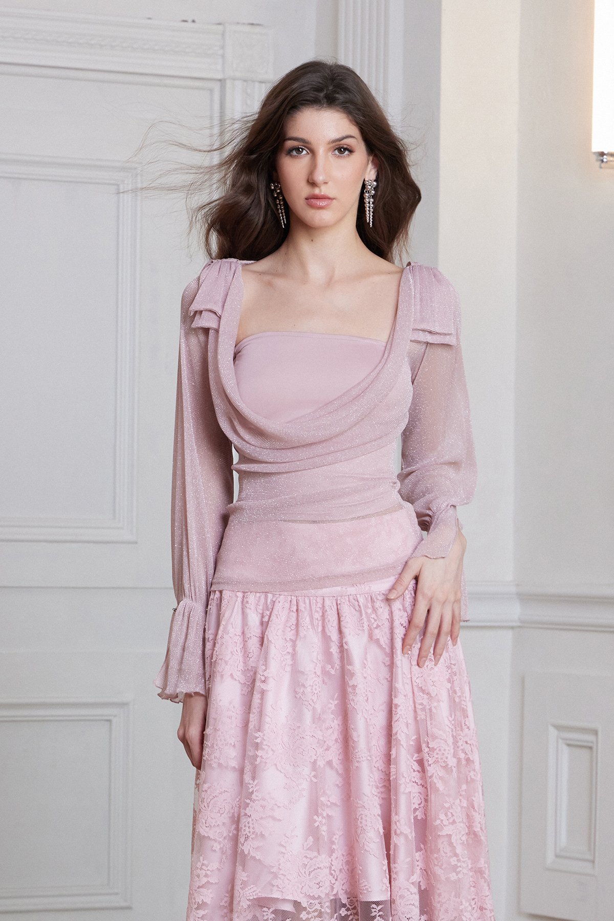 Desideria Cowl Neck Glitter Ruch Top In Pink