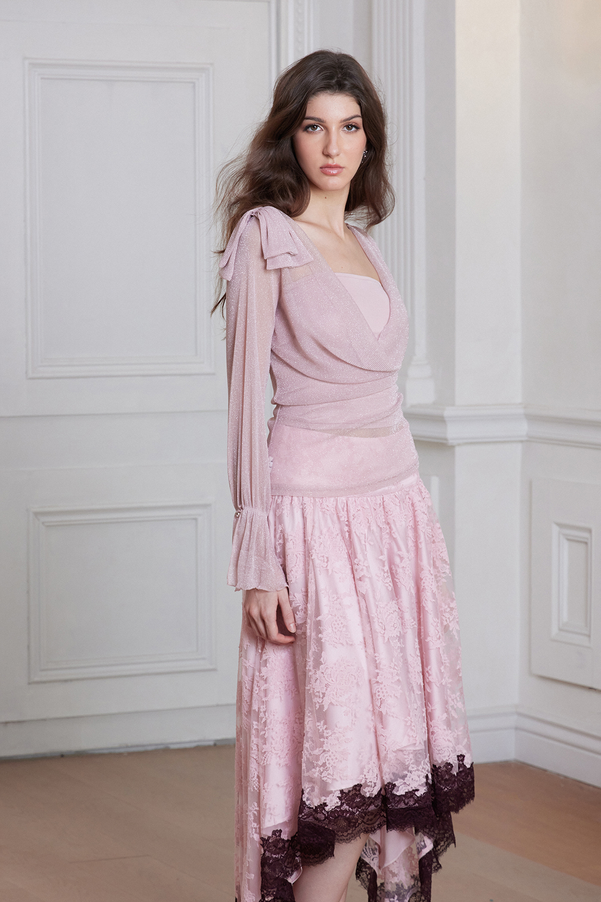 Desideria Cowl Neck Glitter Ruch Top In Pink