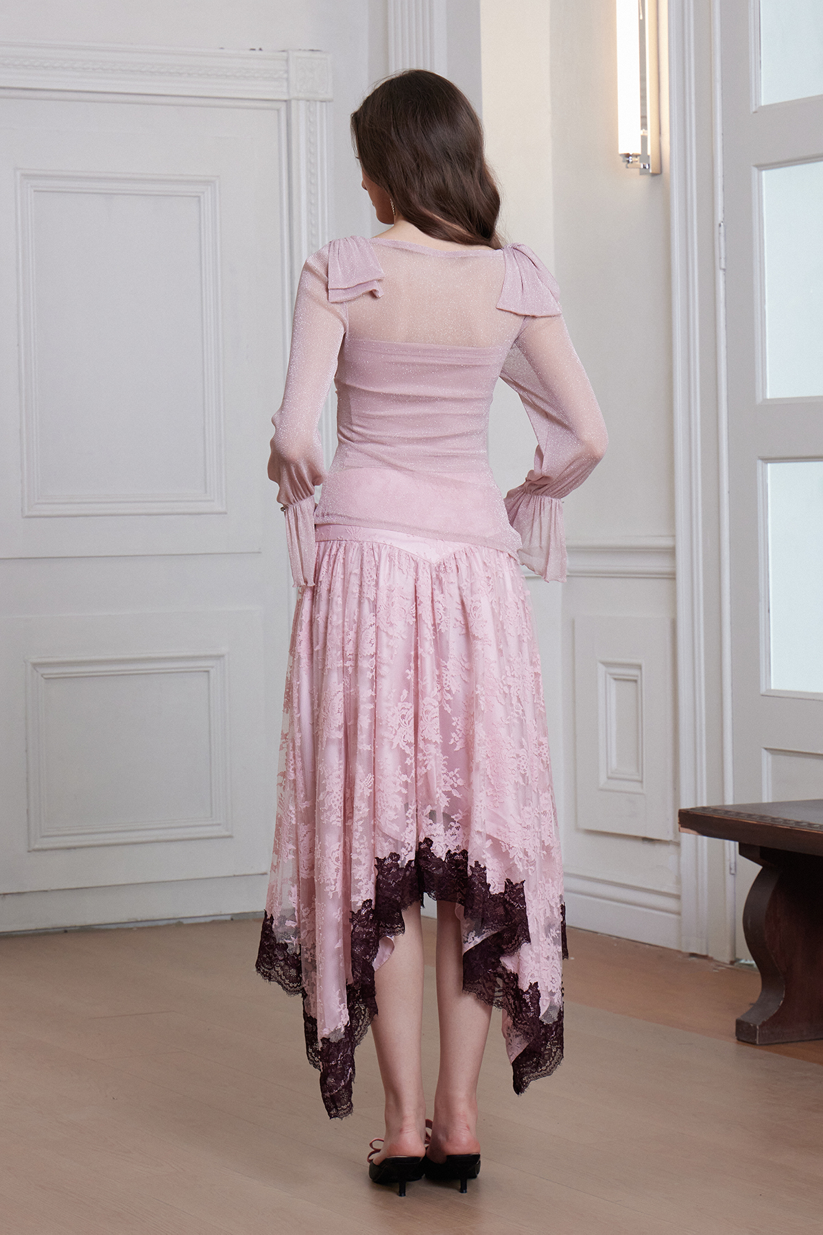 Desideria Cowl Neck Glitter Ruch Top In Pink