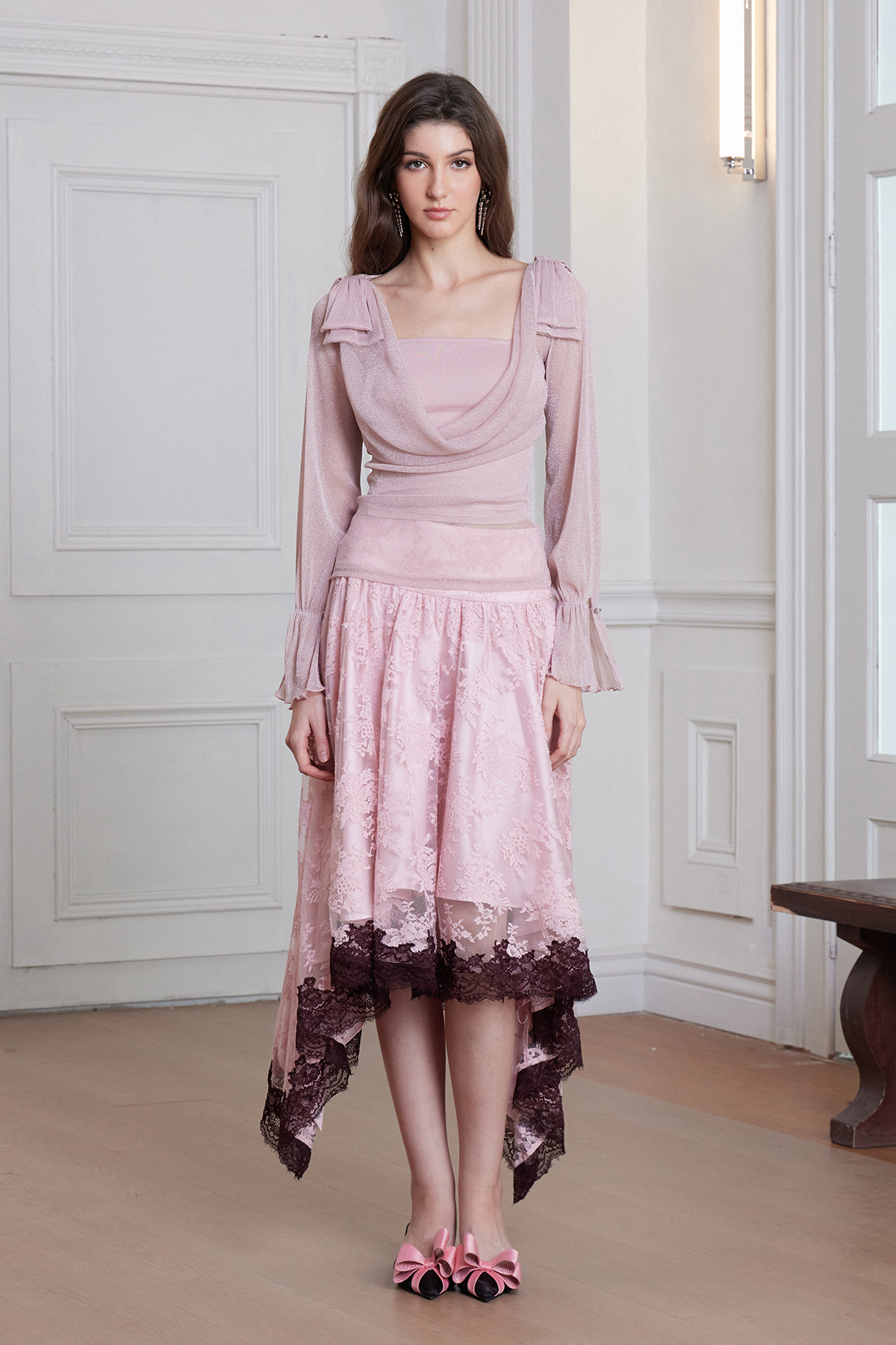 Desideria Cowl Neck Glitter Ruch Top In Pink