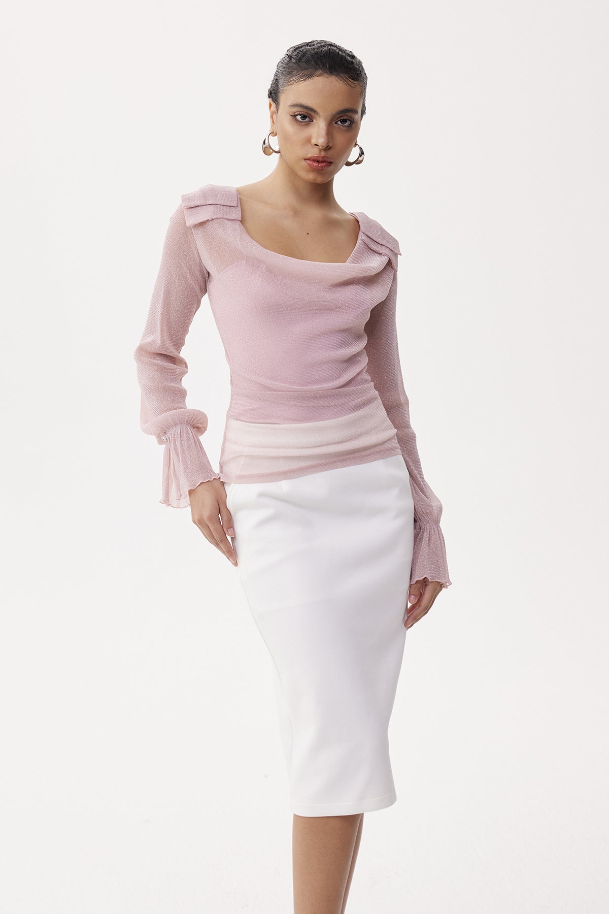 Desideria Cowl Neck Glitter Ruch Top In Pink