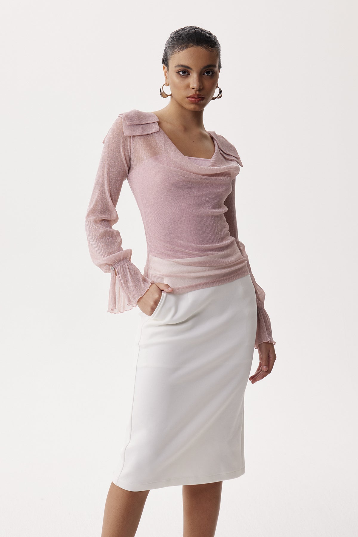 Desideria Cowl Neck Glitter Ruch Top In Pink