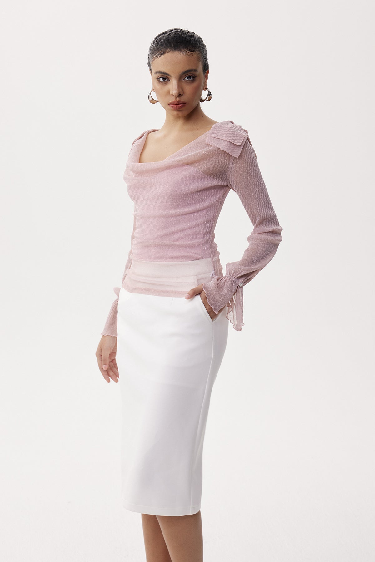 Desideria Cowl Neck Glitter Ruch Top In Pink