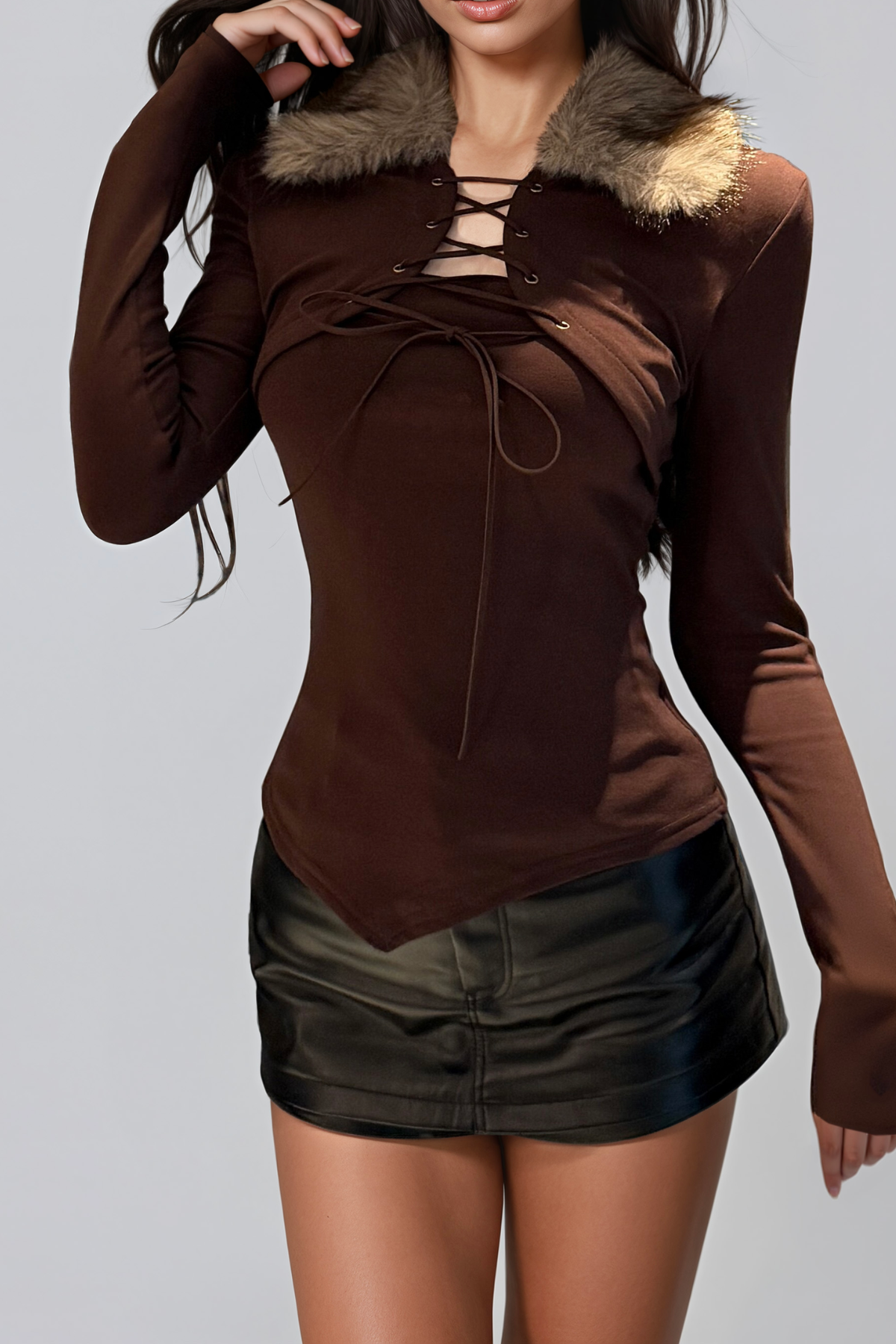 Desislava Faux Fur Lace Up Top In Brown