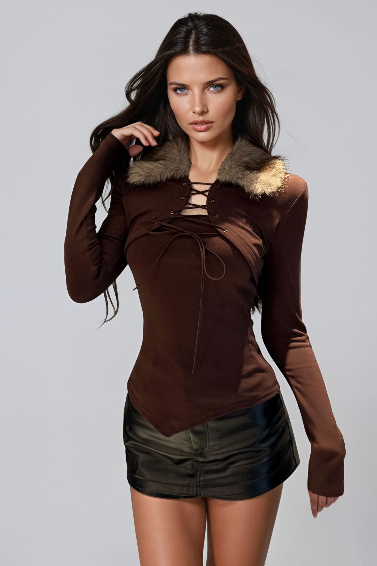 Desislava Faux Fur Lace Up Top In Brown