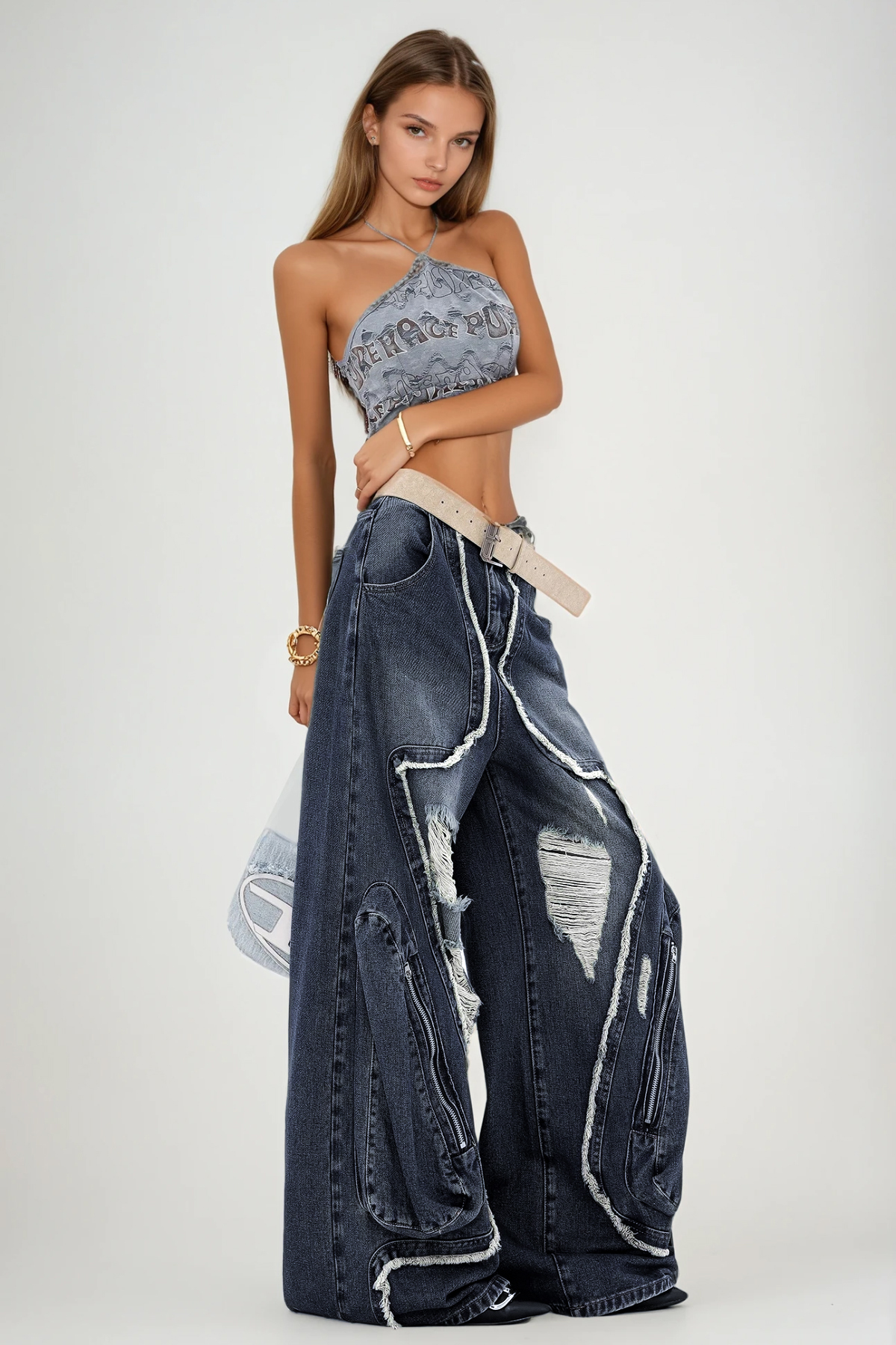 Dessislava Fringe Ripped Barrel Jeans