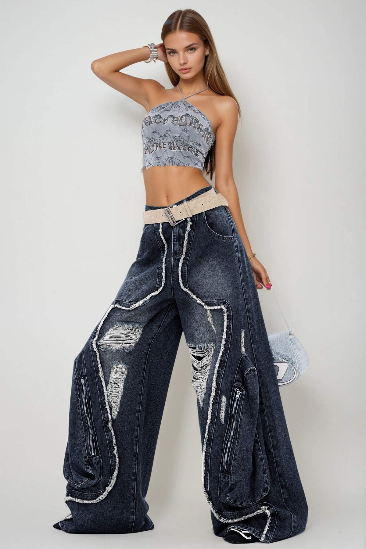 Dessislava Fringe Ripped Barrel Jeans