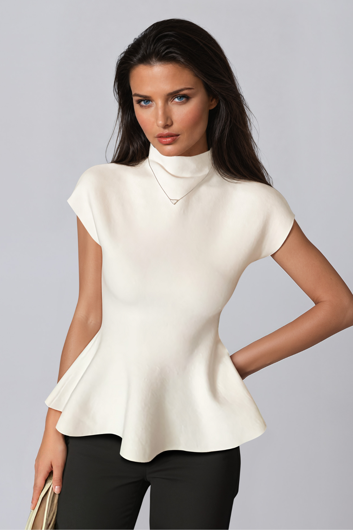 Diadoumenos High Neck Bodycon Ruffle Top In White