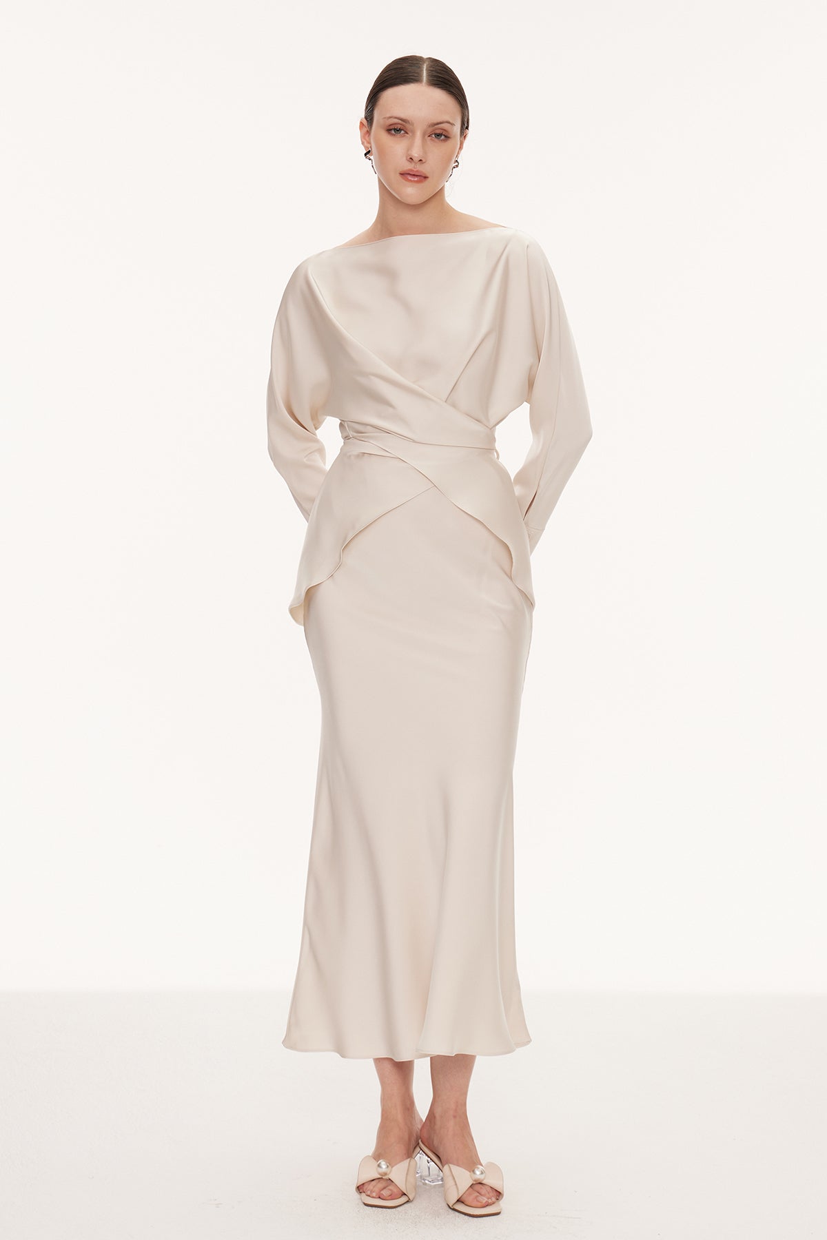 Diamantina Long Sleeve Ruch Skirt Set In White