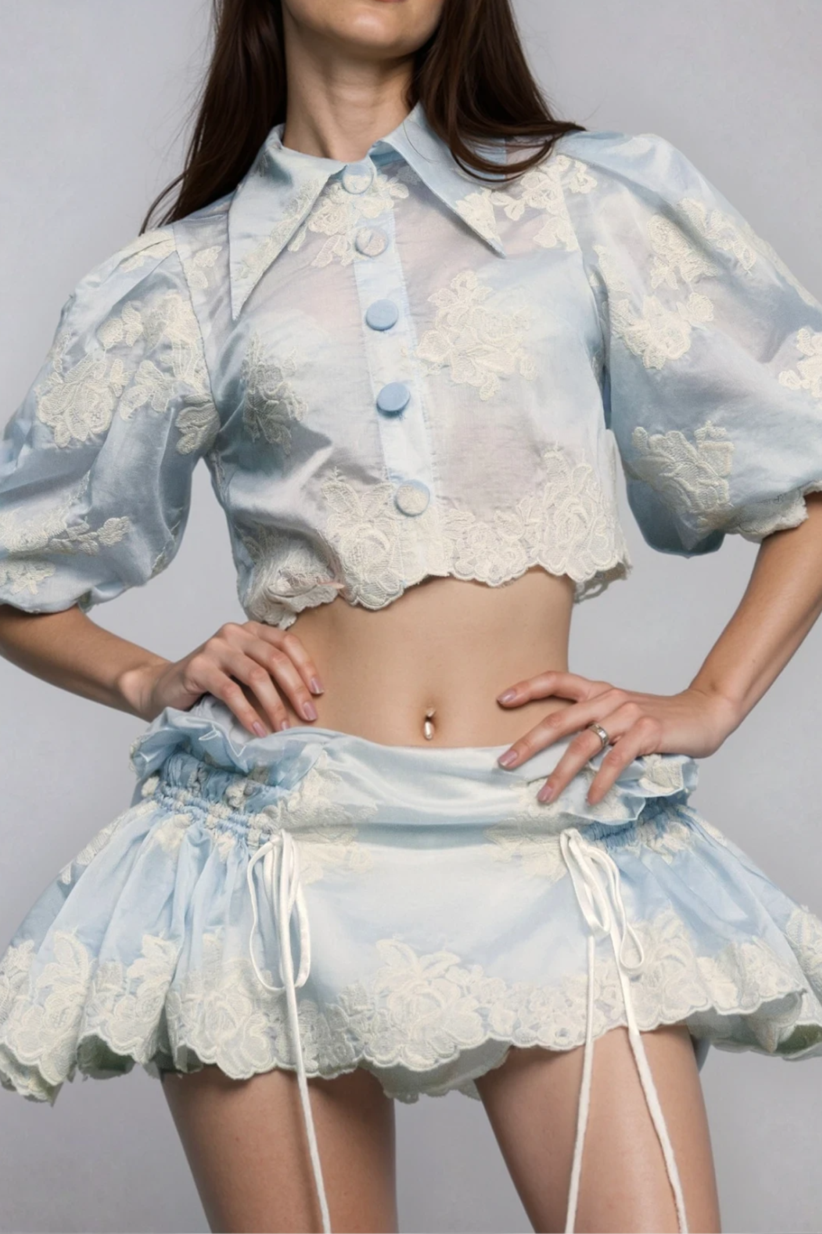 Diether Floral Embroidered Balloon Sleeve Skirt Set