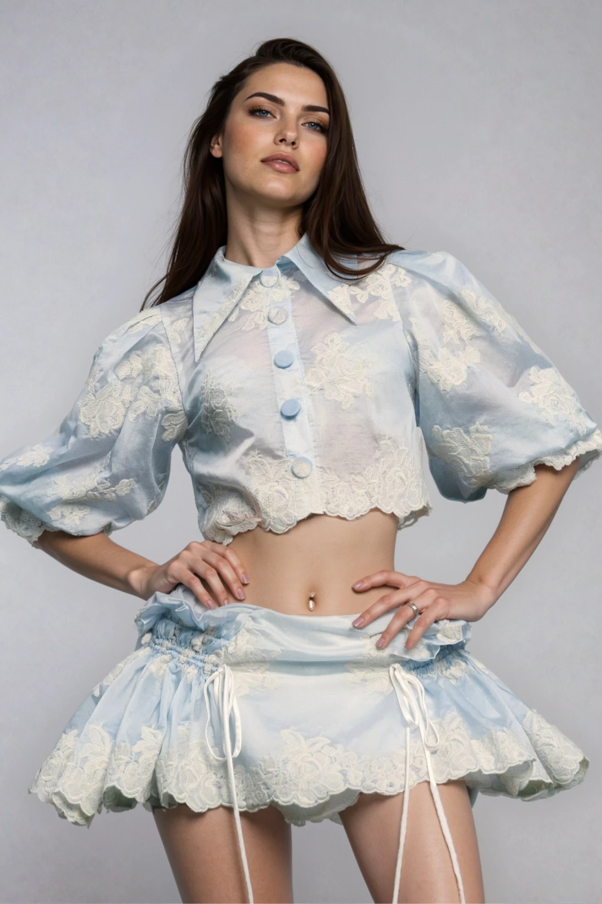 Diether Floral Embroidered Balloon Sleeve Skirt Set